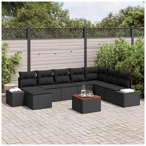 Set Divano da Giardino da 9 Pezzi con Cuscini Nero Polyrattan Acacia - Foto 2