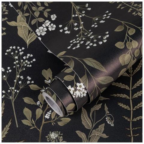 Pellicola Autoadesiva Nera Opaca Carta Da Parati Con Motivo Floreale 44x300 Cm - Foto 1