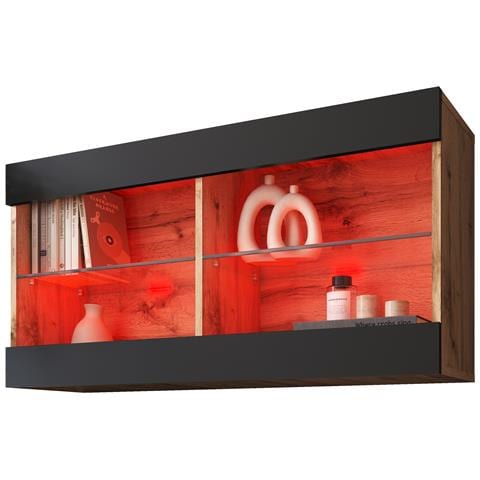 Komodee Tivoli Horizontal 100 Vetrina Sospesa, Rovere Wotan/nero, Illuminazione Led Multicolore Rgb, Larghezza 100 Cm X Altezza 50 Cm X Profondità 29 Cm, Per Soggiorno, Sala Da Pranzo - Foto 3