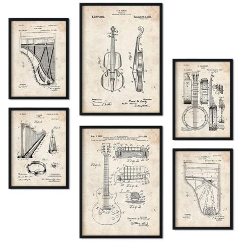 Set Di 6 Stampe Poster Con Brevetti Di Strumenti A Corda Poster Con Immagini Di Brevetti Retrò Design D'interni In Stile Vintage A3 & A4 Senza Cornice - Foto 1