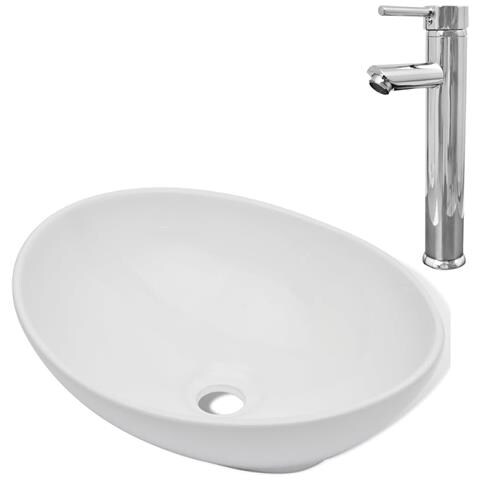 Lavello Bagno Con Miscelatore In Ceramica Ovale Bianco - Foto 1