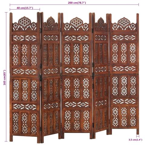 Divisorio 5 Pannelli Intaglio Marrone 200x165 Cm Mango Massello - Foto 2