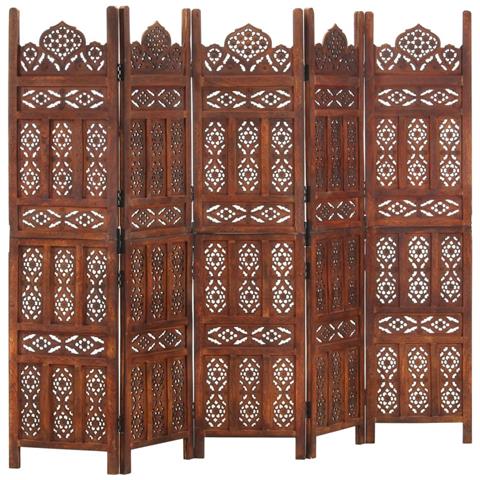 Divisorio 5 Pannelli Intaglio Marrone 200x165 Cm Mango Massello - Foto 1