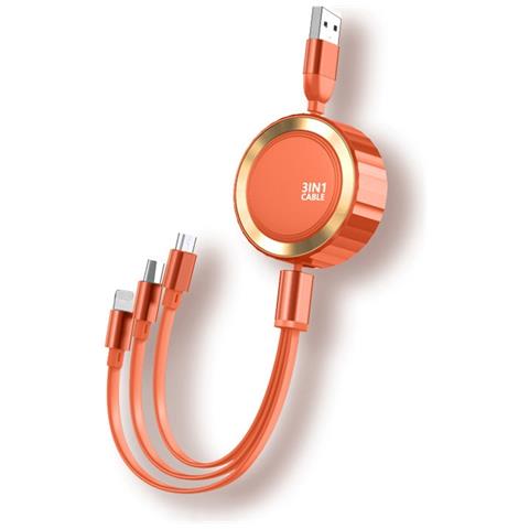 Cavo Retraibile 3 In 1 Micro-usb /lightning /usb-c A Usb 3a 480mbps 1,2m, Arancione - Foto 1