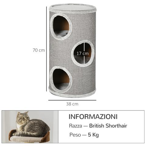 Cuccia Per Gatti A 3 Livelli Con Tiragraffi In Sisal E Peluche, Ø38x70cm, Grigio Chiaro - Foto 2