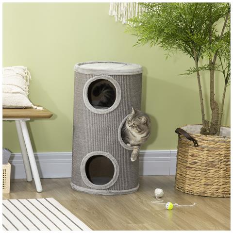 Cuccia Per Gatti A 3 Livelli Con Tiragraffi In Sisal E Peluche, Ø38x70cm, Grigio Chiaro - Foto 6