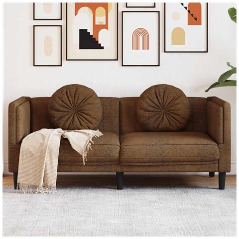 Divano a 2 Posti con Cuscini Marrone in Similpelle Scamosciata - Foto 2