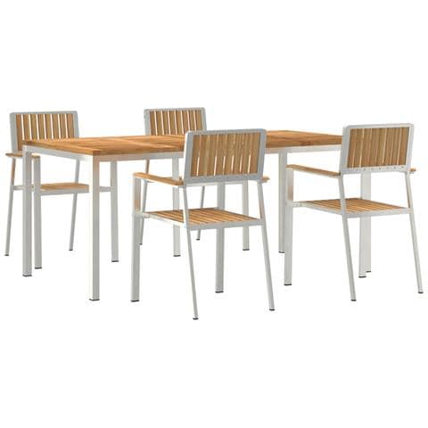 Set pranzo giardino  5 pezzi in legno massello di teak, Tavolo pranzo esterno  180x90x75 cm in legno massello di teak, Sedie giardino impilabili  4 pz in legno massello di teak e metallo - Foto 1