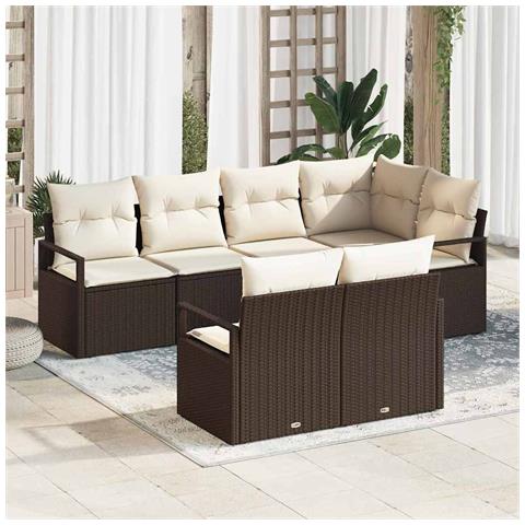 Set da giardino in 7 pezzi con cuscini Marrone Rattan in polietilene, Divano da giardino per 2 persone con cuscini Marrone Rattan in polietilene - Foto 2