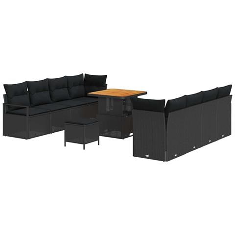 Set di divani da giardino 11 pezzi con cuscini in polyrattan nero e acacia, Divano da giardino 2 posti con cuscini in polyrattan nero, Set da pranzo da giardino 3 pezzi con cuscini in polyrattan nero e acacia - Foto 1