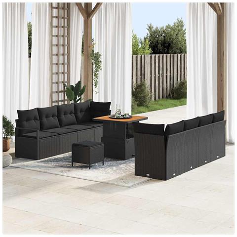 Set di divani da giardino 11 pezzi con cuscini in polyrattan nero e acacia, Divano da giardino 2 posti con cuscini in polyrattan nero, Set da pranzo da giardino 3 pezzi con cuscini in polyrattan nero e acacia - Foto 2