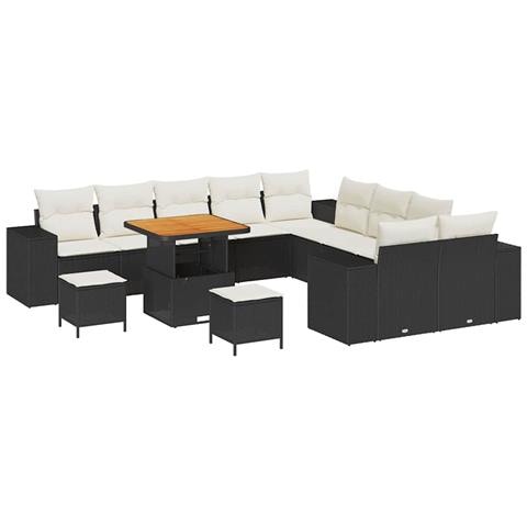 Set di divani da giardino con cuscini vitaXL 13 pezzi Nero Polyrattan Acacia, Set da pranzo da giardino vitaXL 3 pezzi con cuscini Nero Polyrattan Acacia - Foto 1
