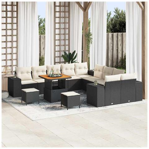 Set di divani da giardino con cuscini vitaXL 13 pezzi Nero Polyrattan Acacia, Set da pranzo da giardino vitaXL 3 pezzi con cuscini Nero Polyrattan Acacia - Foto 2
