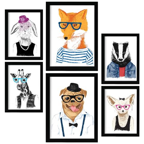 Set Di 6 Stampe Animali Hipster Disegnati A Mano In Stile Colorato. Stampa Su Sfondo Bianco Con Animali Vestiti Da Umani. A3 & A4 Senza Cornice - Foto 1