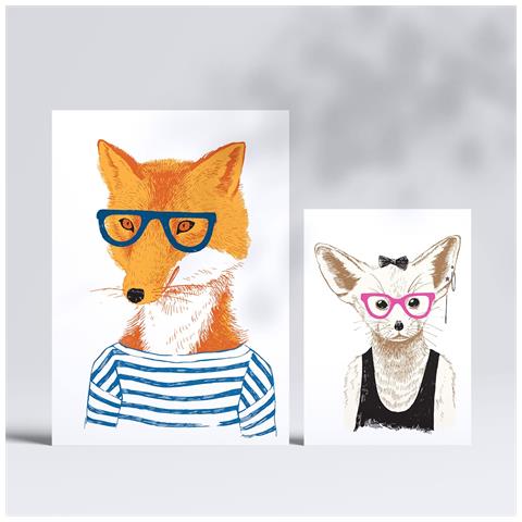 Set Di 6 Stampe Animali Hipster Disegnati A Mano In Stile Colorato. Stampa Su Sfondo Bianco Con Animali Vestiti Da Umani. A3 & A4 Senza Cornice - Foto 2