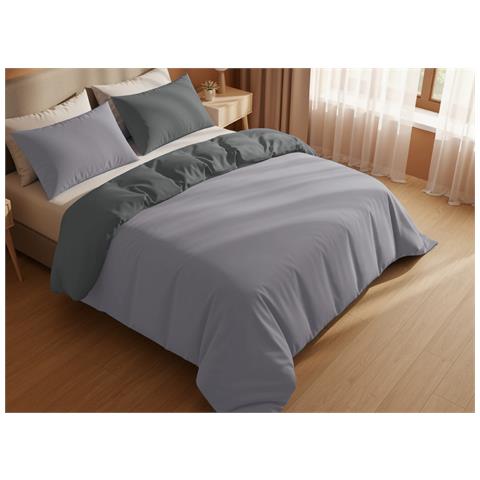 Copripiumino Tinta Unita Bicolor 100% Puro Cotone Made In Italy Doubleface Cn Matrimoniale Grigio Ch-grigio Sc - Foto 1