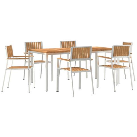 Set Pranzo Giardino  7 Pezzi Legno Massello Teak, Tavolo da Pranzo Esterni  180x90x75 cm Legno Massello Teak, Sedie Giardino Impilabili 2 pcs Legno Massello Teak e Metallo, Sedie Giardino Impilabili 4 pcs Legno Massello Teak e Metallo - Foto 1