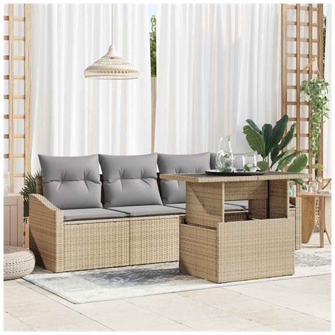 Set divano da giardino 5 pezzi con cuscini beige in rattan sintetico - Foto 2
