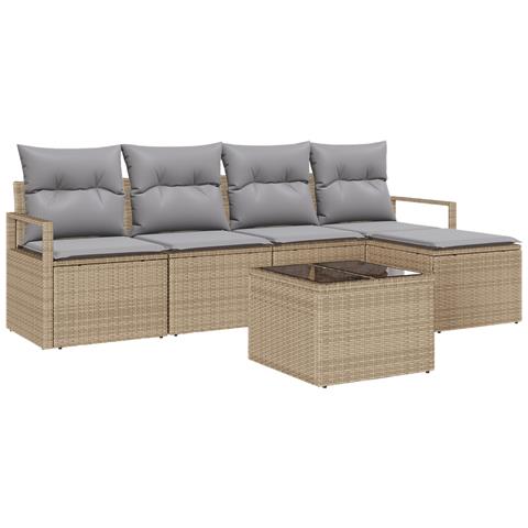 Set divani giardino 6 pezzi con cuscini in polyrattan nero, Divano giardino 2 posti con cuscini in polyrattan beige - Foto 1