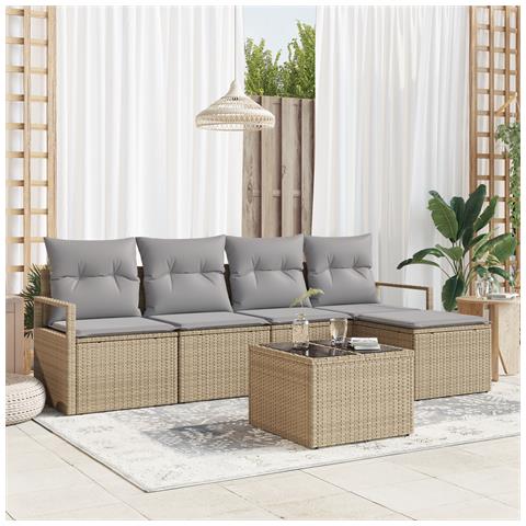 Set divani giardino 6 pezzi con cuscini in polyrattan nero, Divano giardino 2 posti con cuscini in polyrattan beige - Foto 2