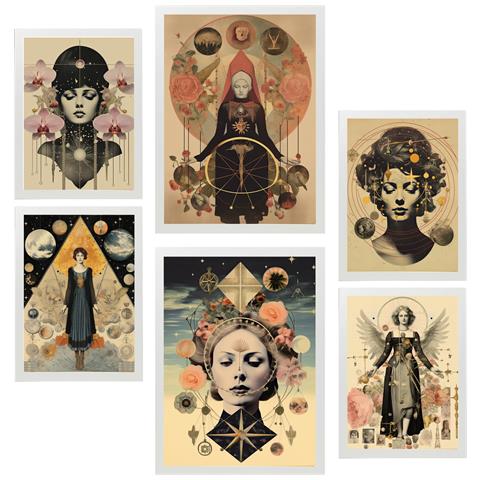 Set Di 6 Stampe Dipinto Decorativo Surreale Collage Femminile In Mistico Esoterico Incorniciato Con Illustrazioni A3 & A4 Cornice Bianca - Foto 1