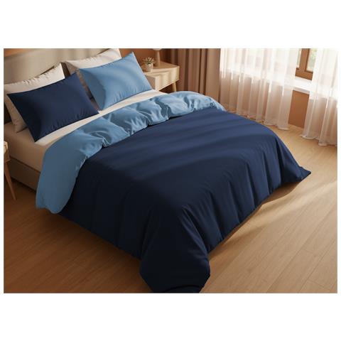 Copripiumino Tinta Unita Bicolor 100% Puro Cotone Made In Italy Doubleface Cn Matrimoniale Blu-azzurro - Foto 1