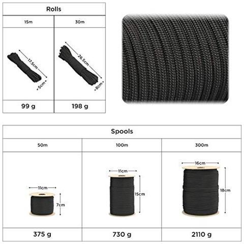 Paracord 550 Del Cavo Dei Paracadute Di Tipo Iii Mil-spec 7 Fili Sopravvivenza (nero 15 M)  - Foto 2