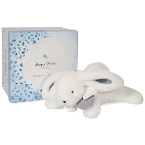 Coniglio Peluche -25 Cm - Coniglio Pompon Bianco / Blu - Graziosa Confezione Regalo - Happy Glossy - Happy Doudou To You - Foto 1