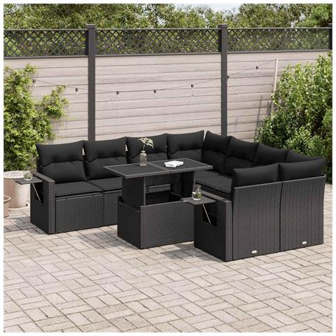 Set Divani Da Giardino 9 Pz Con Cuscini Nero In Polyrattan - Foto 1