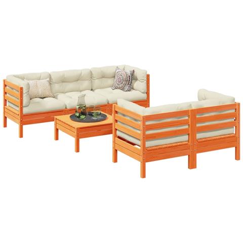 Lusso Casadino -  Set Divani Giardino 6pz Con Cuscini Marrone Cera Massello Pino - Foto 8