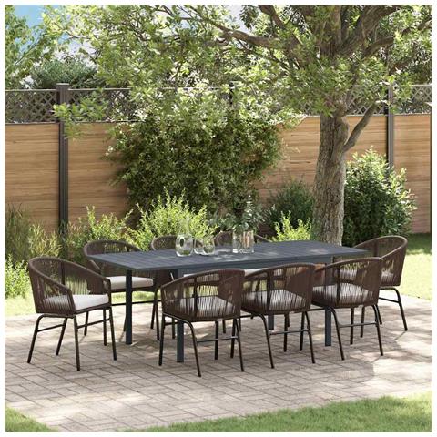 Set pranzo giardino da 10 pezzi con cuscini Marrone Polyrattan, Tavolo giardino allungabile Anthracite (140-210)x90x73 cm Acciaio - Foto 2
