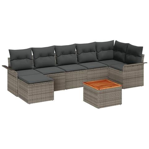 Set di Divano da Giardino a 8 Pezzi con Cuscini Grigio Polirattan Acacia - Foto 1