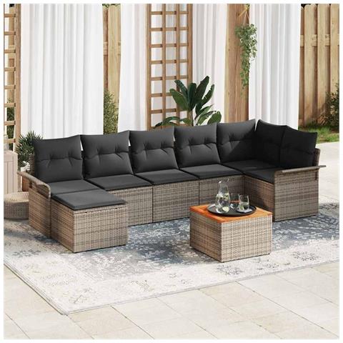 Set di Divano da Giardino a 8 Pezzi con Cuscini Grigio Polirattan Acacia - Foto 2