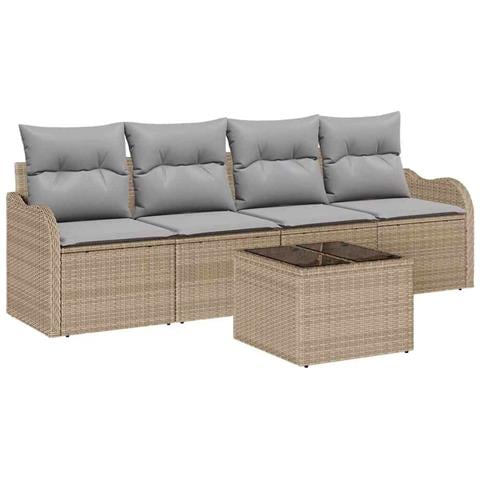 Set Divano da Giardino 5 Pezzi con Cuscini Beige in Rattan Sintetico, Divano da Giardino 2 Posti con Cuscini Beige in Rattan Sintetico - Foto 1