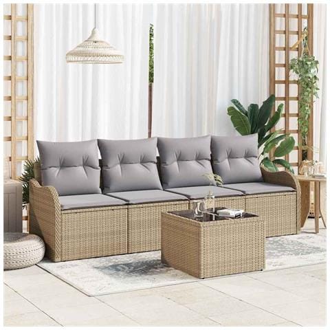 Set Divano da Giardino 5 Pezzi con Cuscini Beige in Rattan Sintetico, Divano da Giardino 2 Posti con Cuscini Beige in Rattan Sintetico - Foto 2