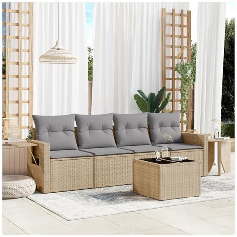 Set Divano da Giardino 5 pz con Cuscini Beige in Polyrattan - Foto 2