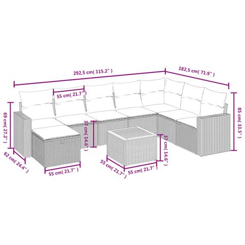 Set Divano da Giardino 9 pz con Cuscini Grigio in Polyrattan - Foto 4