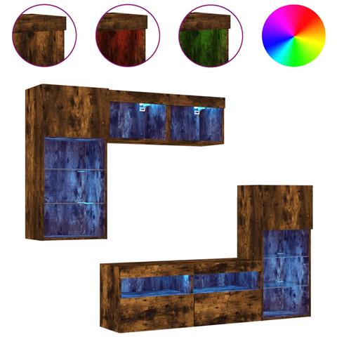 Mobili TV a Muro con LED 5pz Rovere Fumo in Legno Multistrato - Foto 1