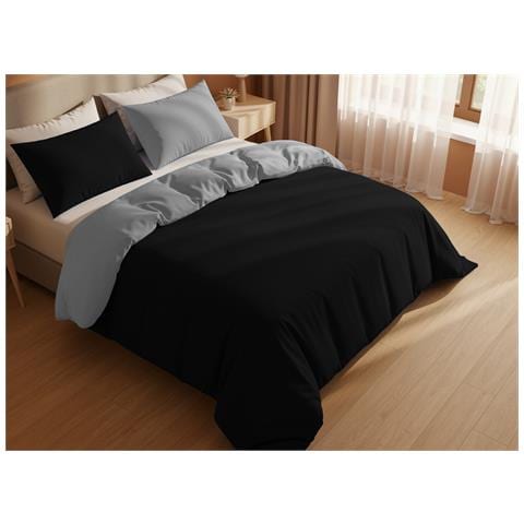 Copripiumino Tinta Unita Bicolor 100% Puro Cotone Made In Italy Doubleface Cn Matrimoniale Grigio Ch-nero - Foto 1