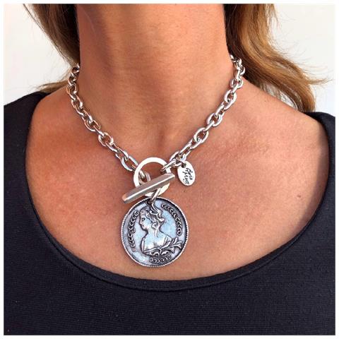 Collana A Catena In Argento Con Grande Ciondolo A Forma Di Moneta Placcata In Argento. - Foto 2