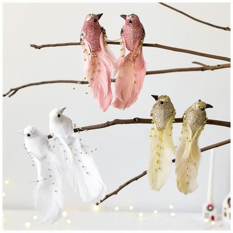 Ornamenti Per Albero Di Natale Con Uccelli Di Piume Bianche E Foglia Oro - Set Di 2 - Foto 2