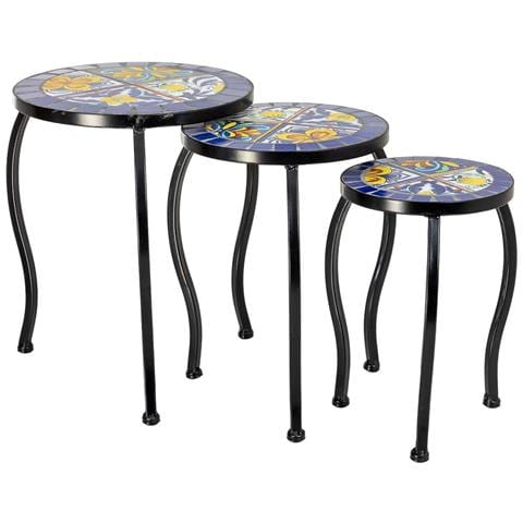 Set Di 3 Supporti, Mosaico Blu E Ferro Battuto, 33x33x37h-28x28x33h-23 - Foto 1