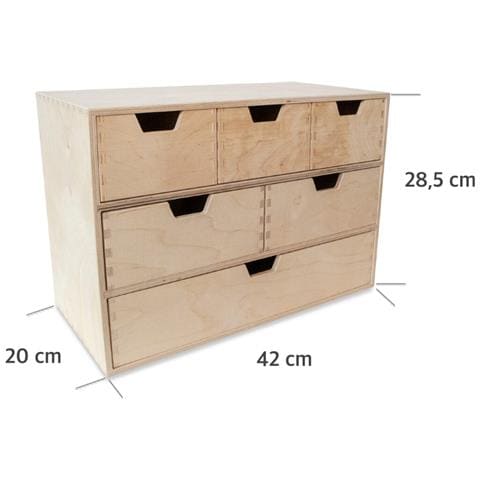 Mini Cassettiera In Legno | 6 Cassetti | 42 X 20 X 28,5 Cm (+ / - 1 Cm) | Scatola Armadio Di Stoccaggio | Compensato Non Verniciato | Perfetto Per Conservare, Decoupage E Decorazioni - Foto 5