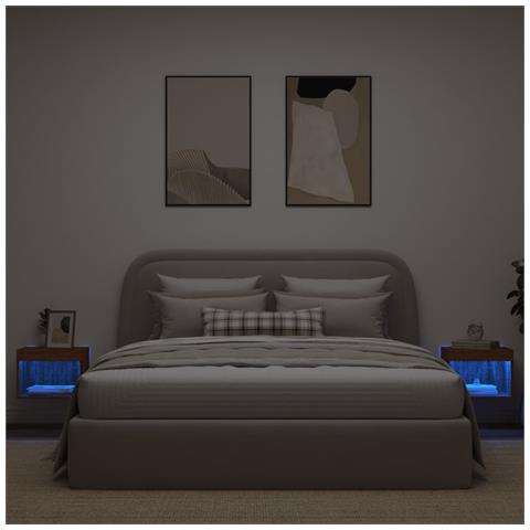 Comodini Con Luci Led A Parete 2pz Rovere Marrone - Foto 3