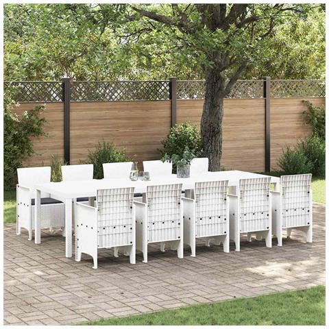 Set Pranzo Giardino di 11 pezzi con Cuscini Bianchi in Polyrattan, Tavolo Giardino Bianco 150x100x73 cm in Polyrattan, Sedie Giardino con Cuscini 2 pz Bianchi in Polyrattan, Sedie Giardino con Cuscini 4 pz Bianchi in Polyrattan - Foto 2