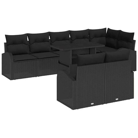 Set Divano da Giardino da 9 Pezzi con Cuscini Nero Rattan Polietilene - Foto 1