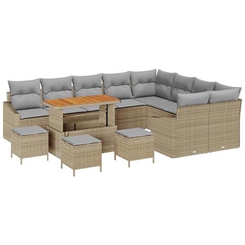Set giardino  13 pezzi con cuscini beige in polyrattan, Divano giardino  2 posti con ripostiglio e cuscini beige in polyrattan, Set pranzo giardino  4 pezzi con cuscini beige in polyrattan - Foto 1