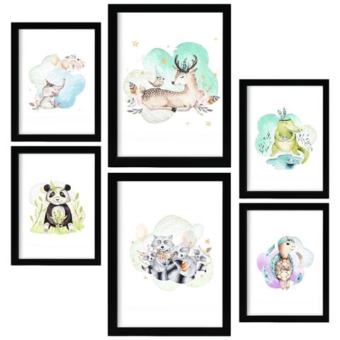 Set Di 6 Stampe Stampa Su Sfondo Bianco Con Temi Di Famiglie Di Animali In Stile Acquerello Pastello Per Design D'interni A3 & A4 Senza Cornice - Foto 1