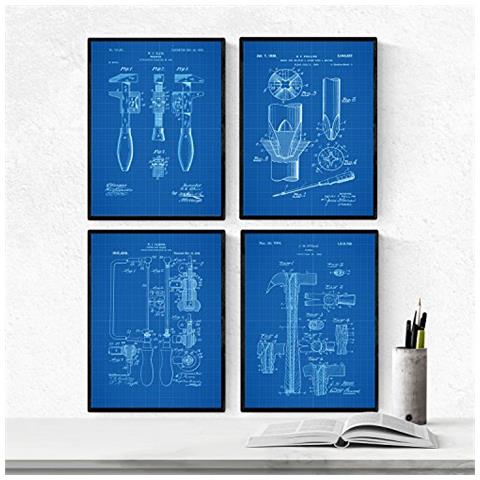 Set Di 4 Stampe Brevetti Di Attrezzi Meccanici Calibro Punta Trapano E Morsetti Sfondo Blu Disegno D'igegneria E Brevetti Cornice Nera A4 - Foto 1