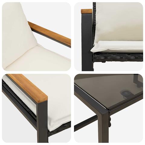 Set di Mobili con cuscino 3 pcs Nero e Bianco Crema Rattan - Foto 9